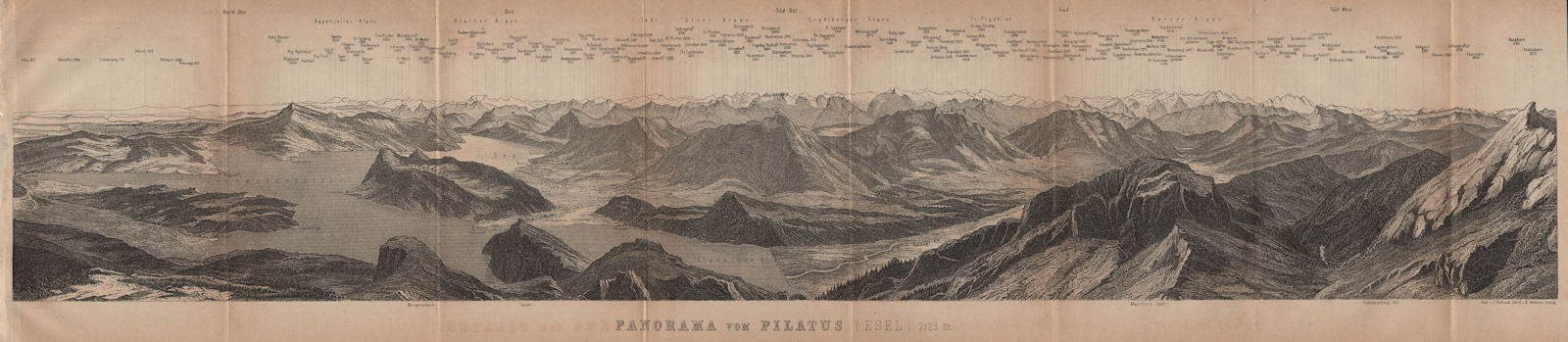 PANORAMA from/von PILATUS. Vierwaldstättersee. Lake Lucerne. Schweiz 1905 map